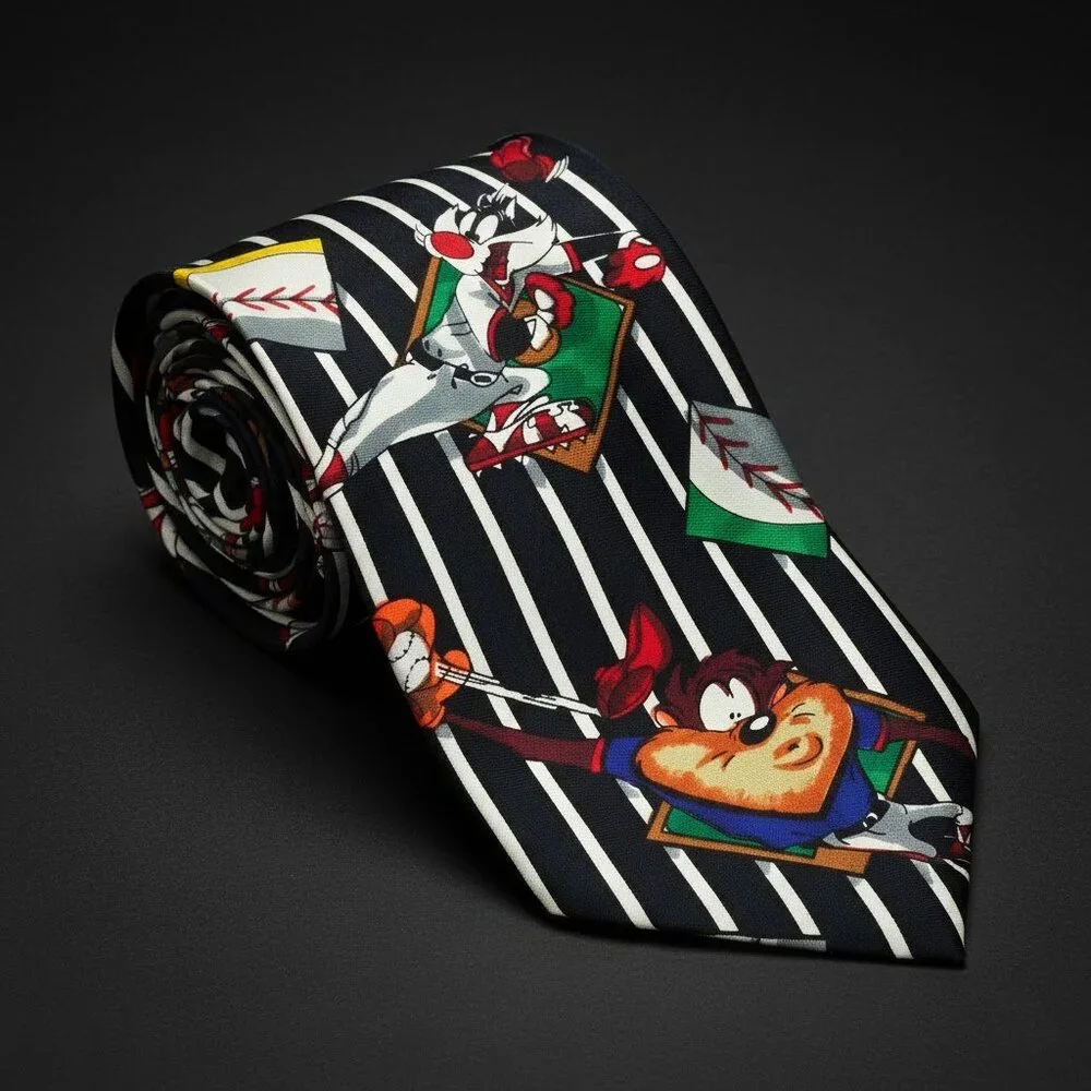 Looney Tunes Mania Baseball Tie Mens Blue Striped 1993 Vintage Taz Bugs Bunny WB